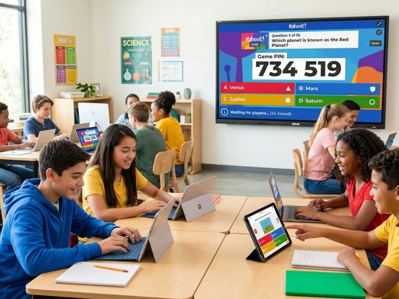 Blooket code displayed on screen with students joining a live classroom game
