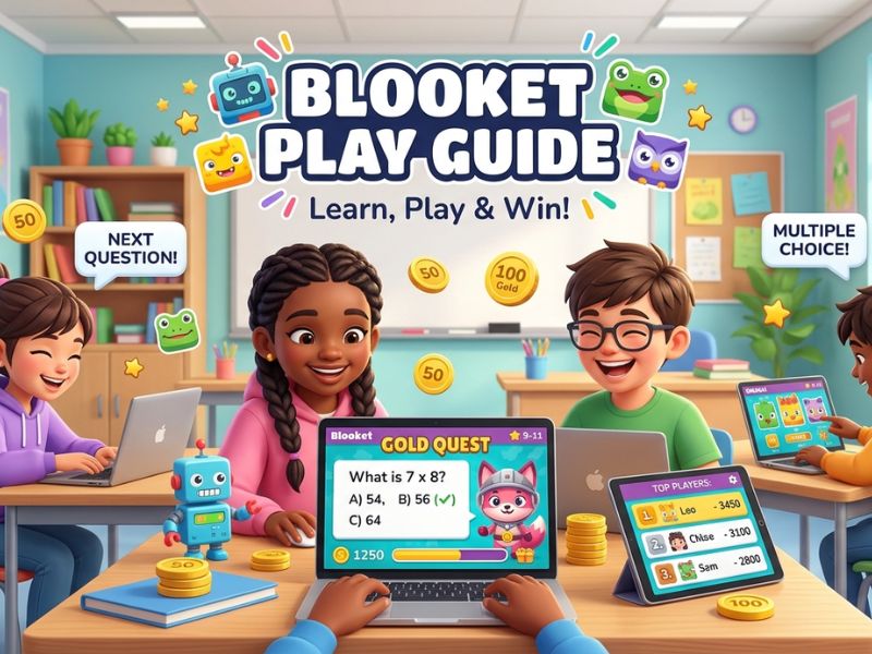 Blooket Play guide showing students joining a game, hosting sessions, and playing interactive quiz modes