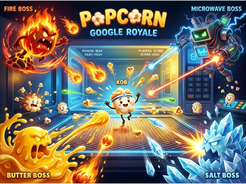 Popcorn Google Doodle game featuring popcorn kernels dodging attacks during a multiplayer survival battle